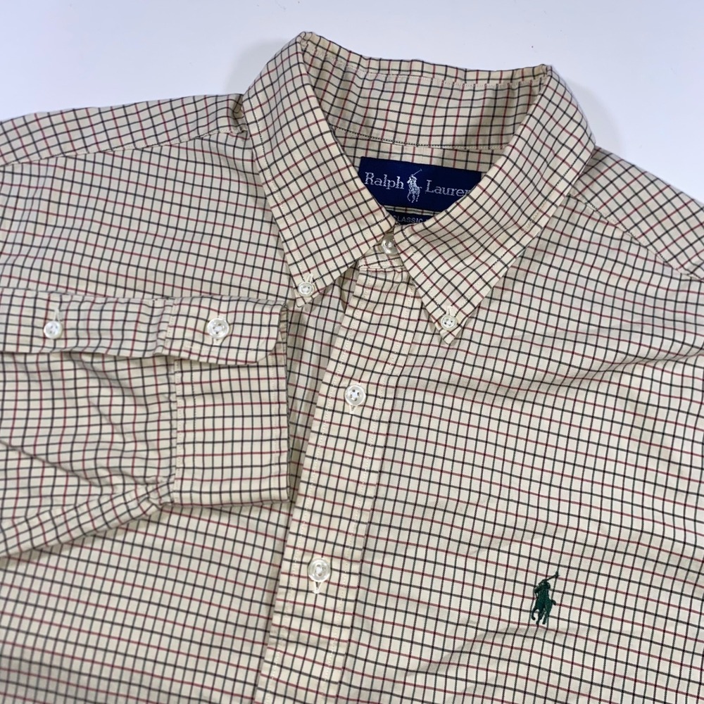 Ralph Lauren Mens Large Classic Fit Tattersall Check Button Down Shirt Tan Green